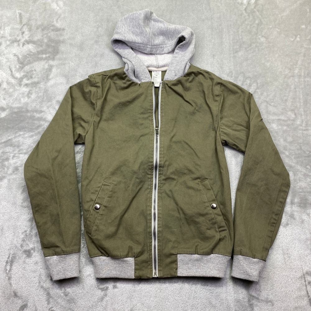 Balera Olive Green Zip Up Hooded Bomber Jacket With Gray Ribbed Cuffs and Hood M